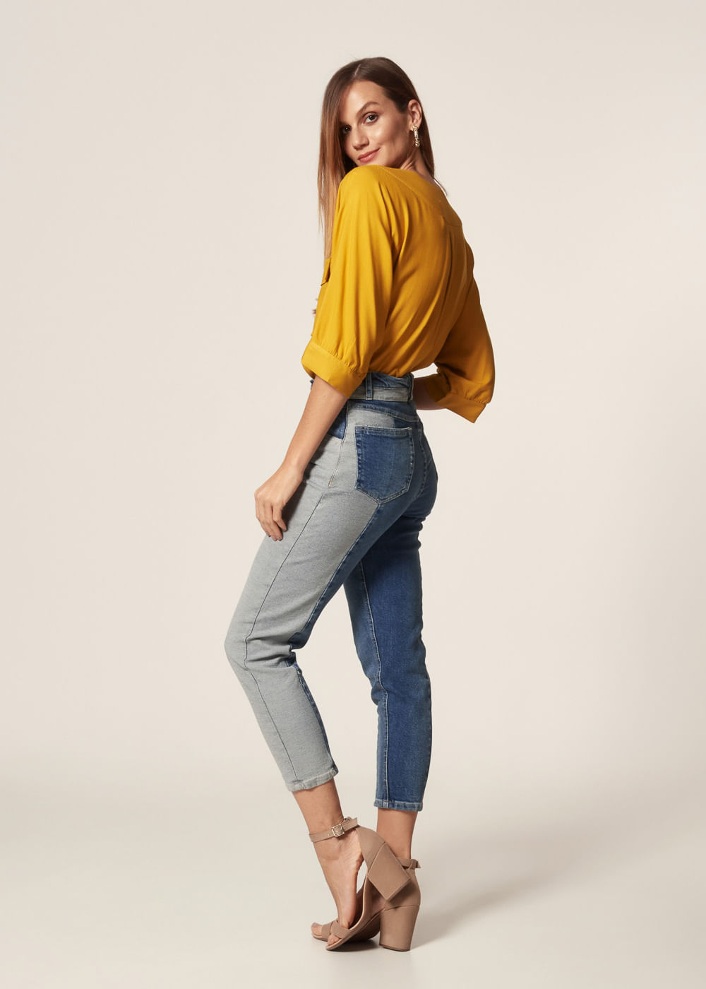 Calça Skinny Jeans Recorte Bicolor