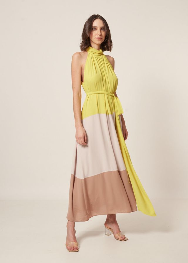Vestido Longo Chiffon Recortes Color