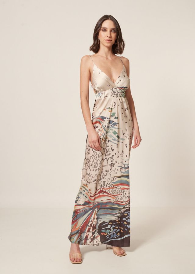Vestido Longo Cetim Estampa Boreal