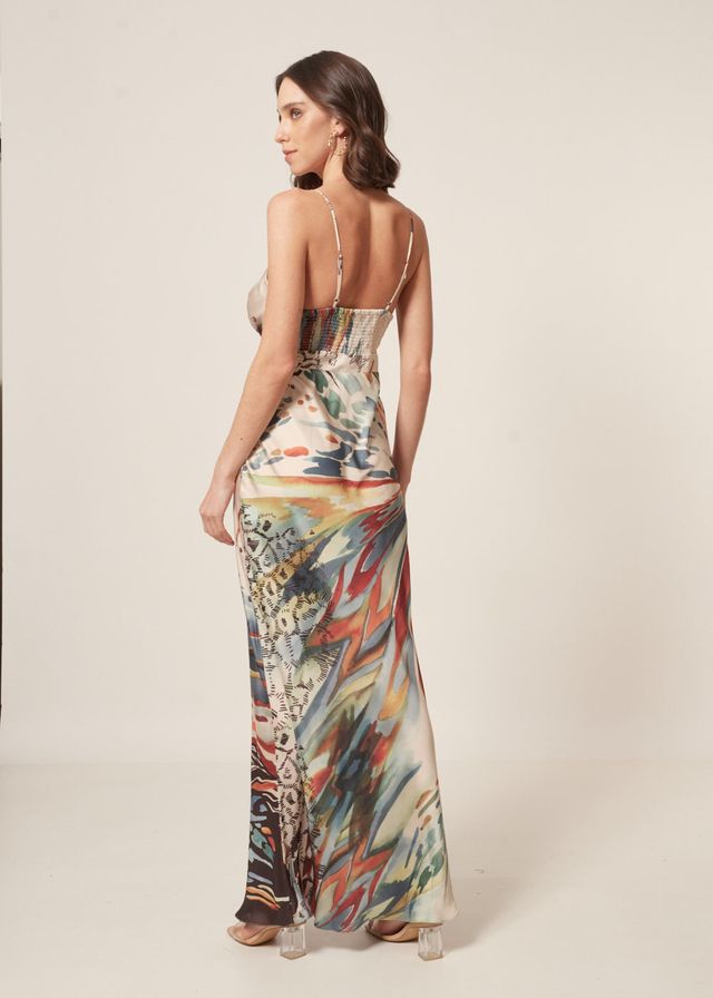 Vestido Longo Cetim Estampa Boreal