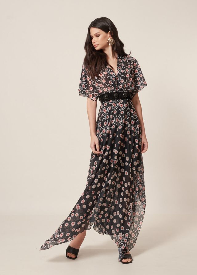 Vestido Longo Chiffon Estampa Lenço Poá