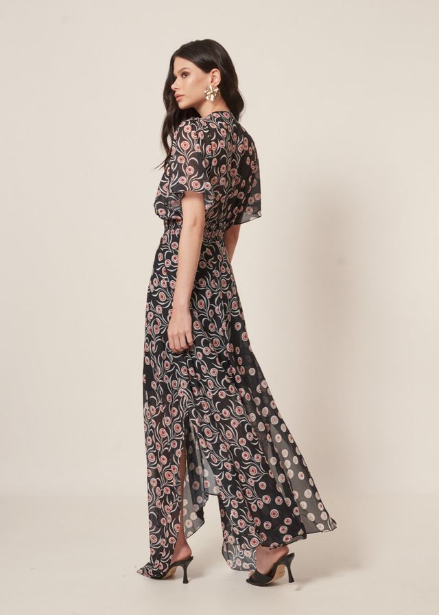 Vestido Longo Chiffon Estampa Lenço Poá